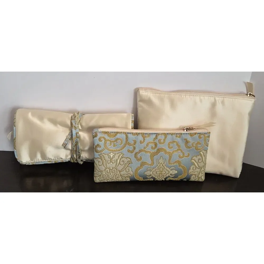 4 Piece Chinoiserie Zip Travel Cosmetic Tote Bag Set Blue Gold Satin